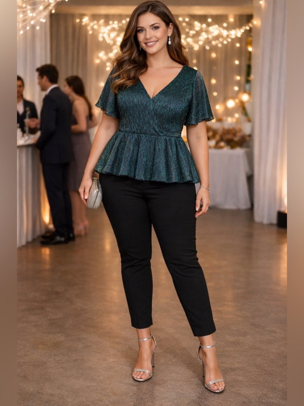 Emery Rose Shimmery Metallic V-Neck Peplum Blouse 3XL Green/Blue/Black NWT